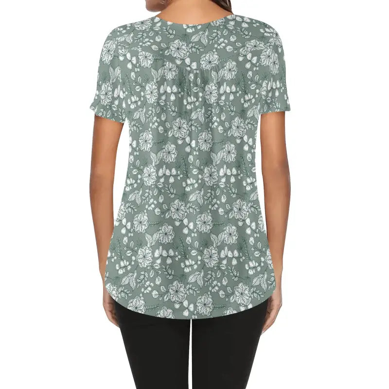 Sage green floral print short sleeve blouse for women with a rounded neckline