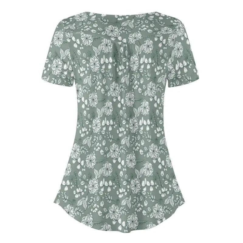Sage green floral print short sleeve blouse with a rounded hemline for trendy women’s style