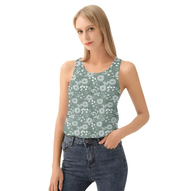 Womens Floral Racerback Tank in sage green with white flowers, perfect for summer parties
