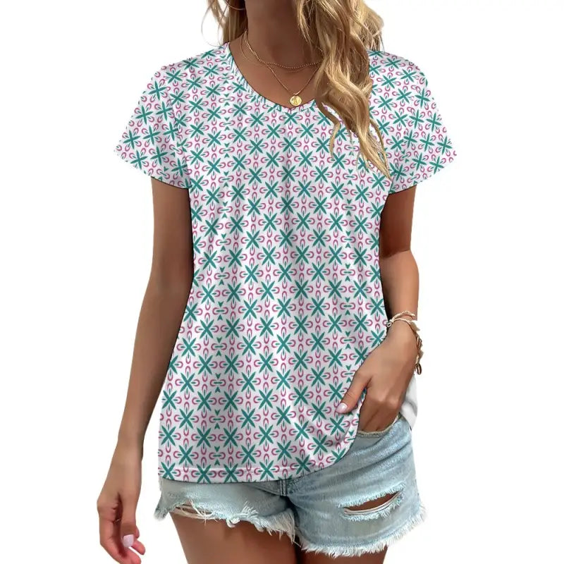 Stylish women’s geometric print v-neck with teal and pink pattern for a fun look
