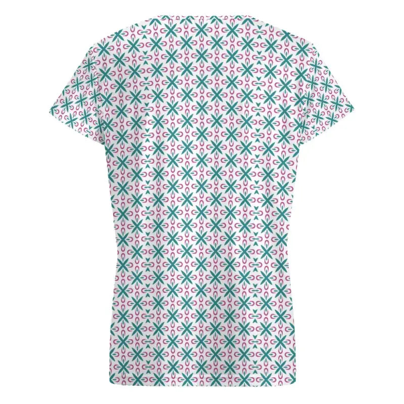 Green and pink geometric print V-neck T-shirt for women on a white background