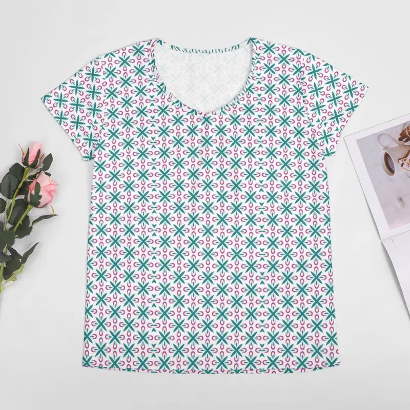 Colorful geometric print V-neck T-shirt for women in green and pink design
