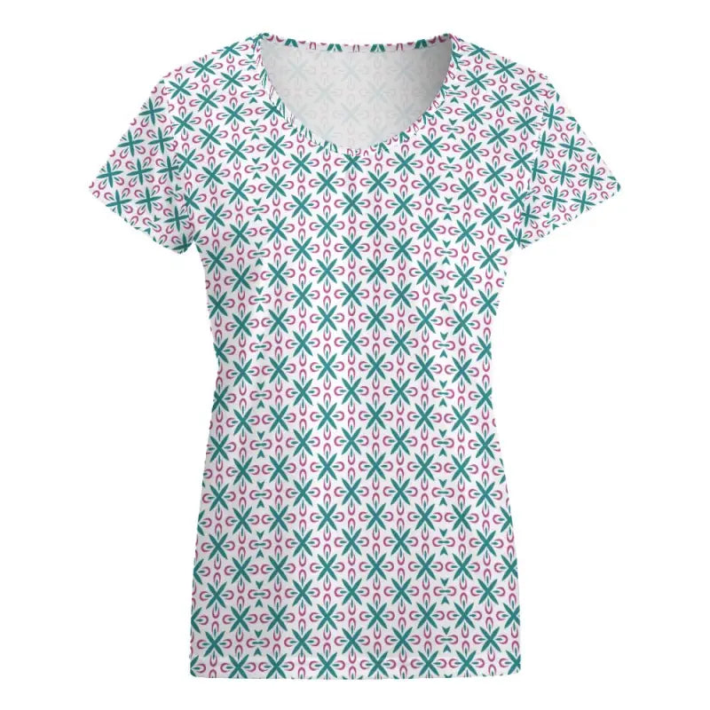 Women’s Geometric Print V-neck T-shirt with a fun green and pink pattern
