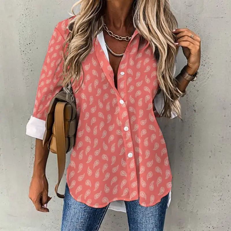 Coral pink women’s paisley long sleeve blouse perfect for smart-casual events
