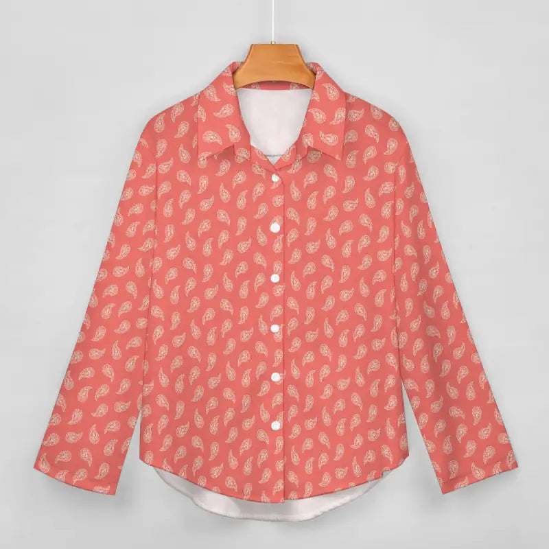 Coral button-up shirt with pineapple print, perfect for women’s paisley long sleeve style