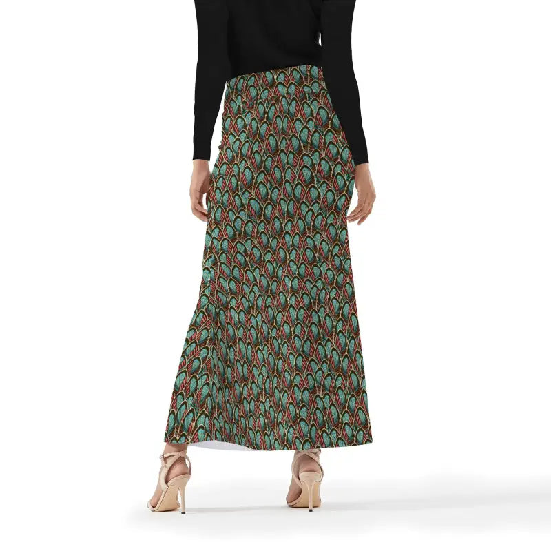 Long floral print maxi skirt with a vibrant peacock feather fishtail design