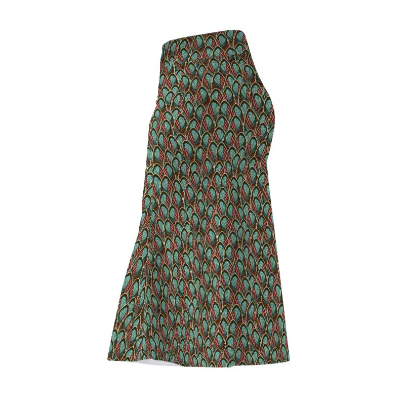 Womens Peacock Feather Fishtail Maxi Skirt with green and brown leaf pattern