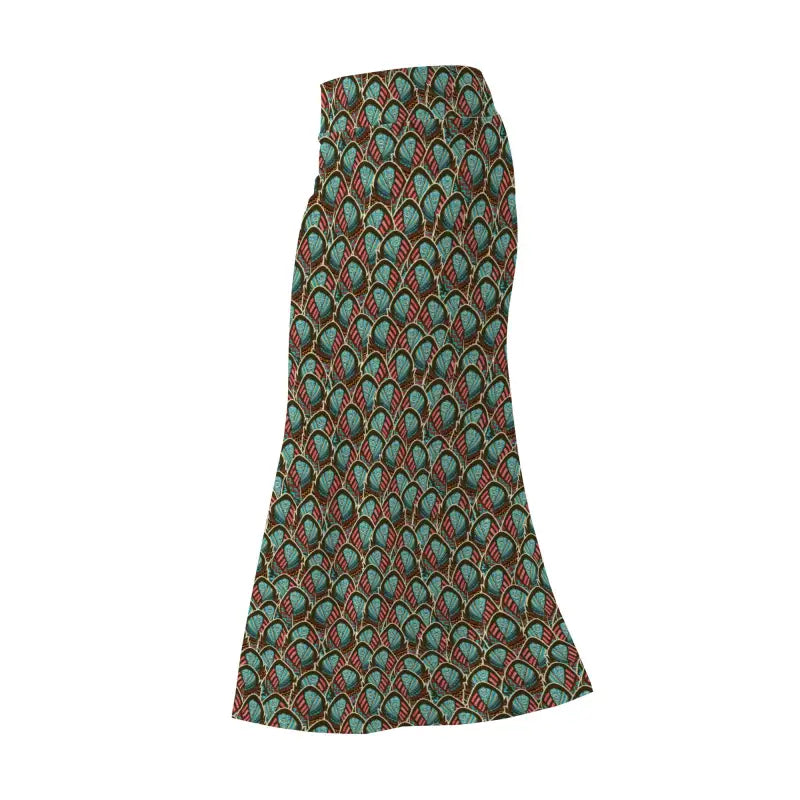 Womens Peacock Feather Fishtail Maxi Skirt with vibrant peacock feather pattern