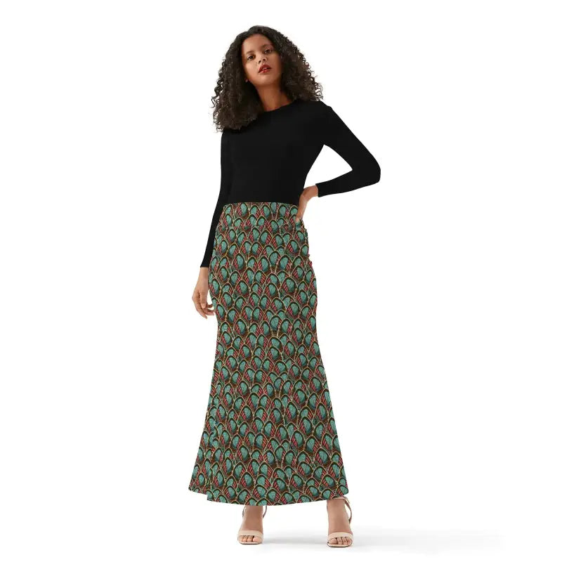 Woman in a black top and Womens Peacock Feather Fishtail Maxi Skirt with floral print