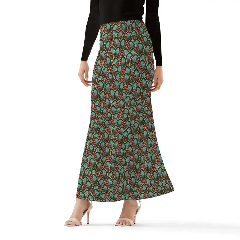 Long patterned Womens Peacock Feather Fishtail Maxi Skirt in green, brown, and orange