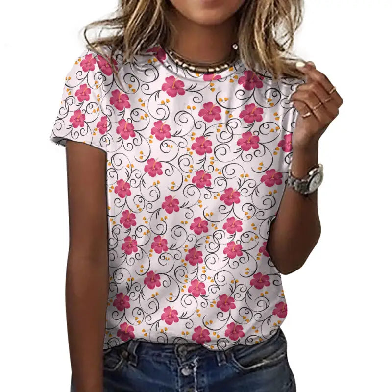 Women’s Pink Floral Swirl Cotton T-Shirt featuring vibrant pink flowers on white