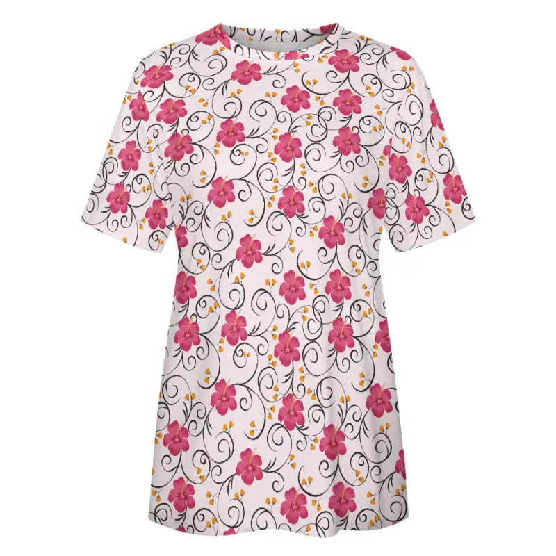 Floral swirl cotton tunic featuring pretty pink flowers on a light background