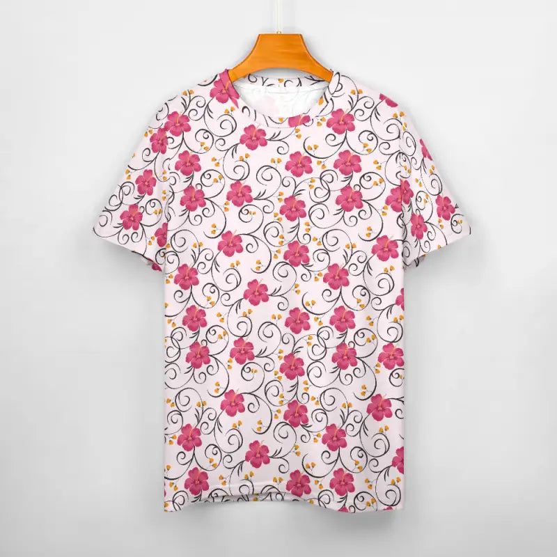 Floral swirl cotton t-shirt featuring pink roses for a chic women’s pink floral look