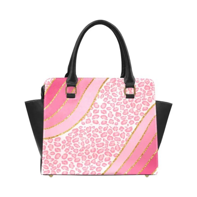 Stylish pink leopard shoulder handbag featuring a fun striped pattern, perfect statement piece