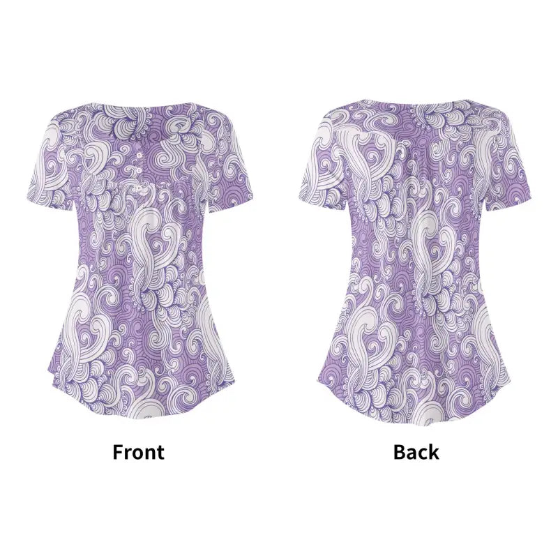 Front and back views of a Women’s Purple Paisley Short Sleeve Babydoll Blouse