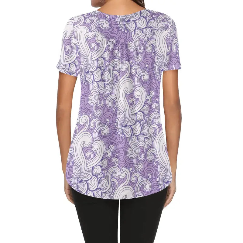 Back view of Women’s Purple Paisley Short Sleeve Babydoll Blouse in a stylish design