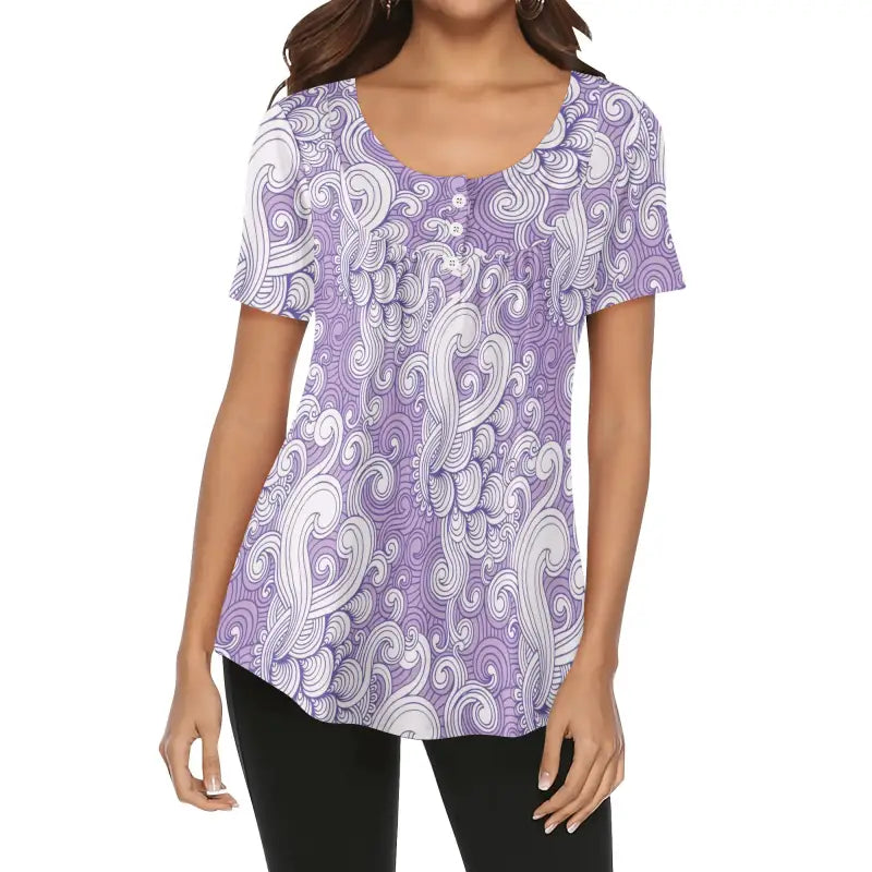 Purple paisley short sleeve babydoll blouse for women with a scoop neckline