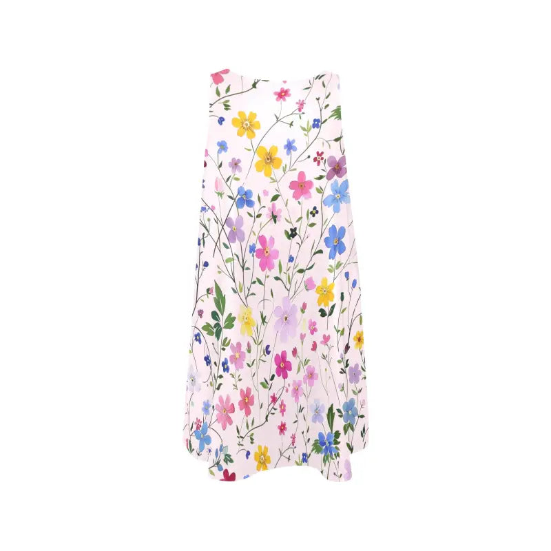 Stylish Women’s Sleeveless Floral Dress featuring a colorful wildflower print on white
