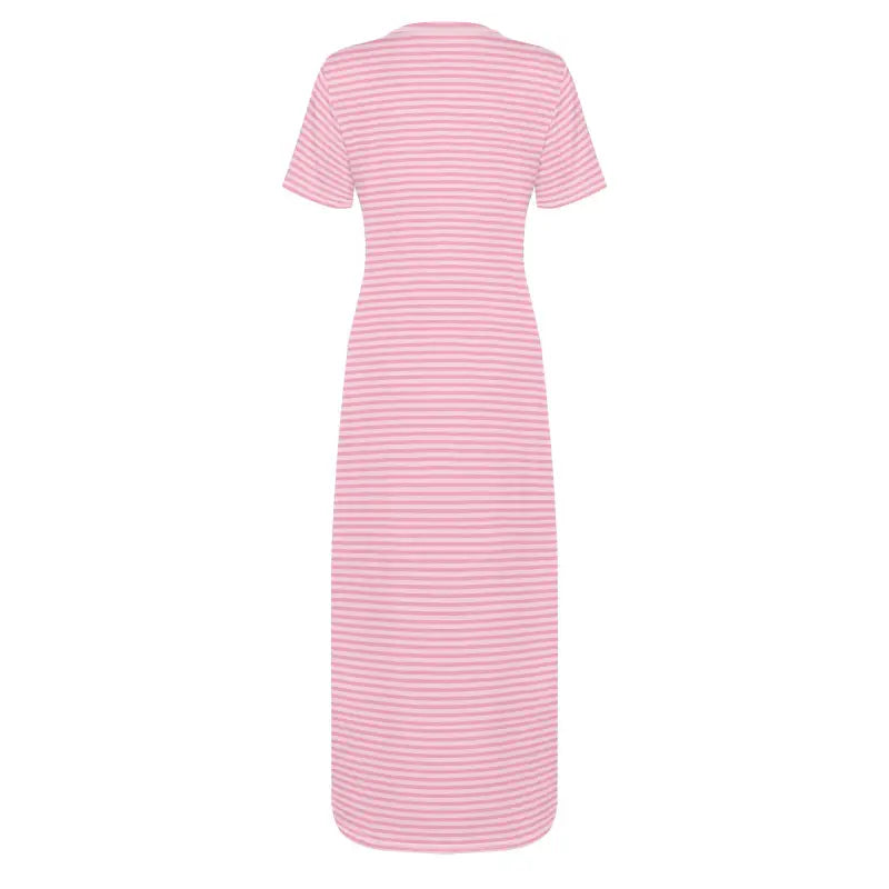 Pink and white striped t-shirt dress perfect for all body types with short sleeves