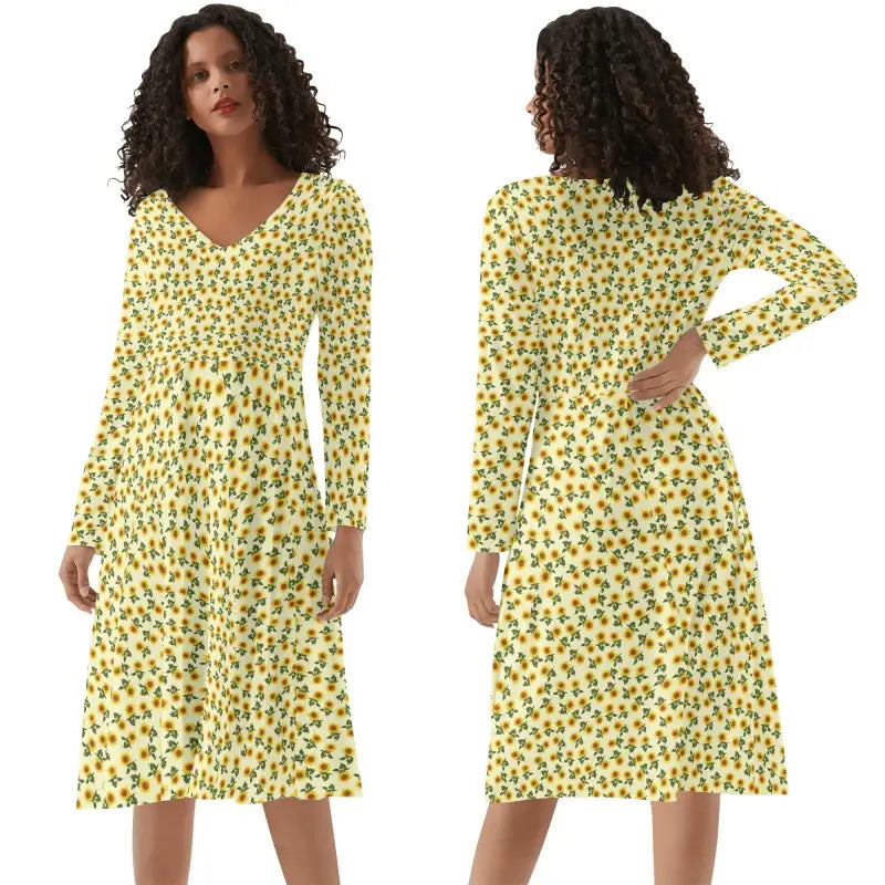 Yellow and green floral Womens Sunflower V-Neck Long Sleeve Dress with long sleeves