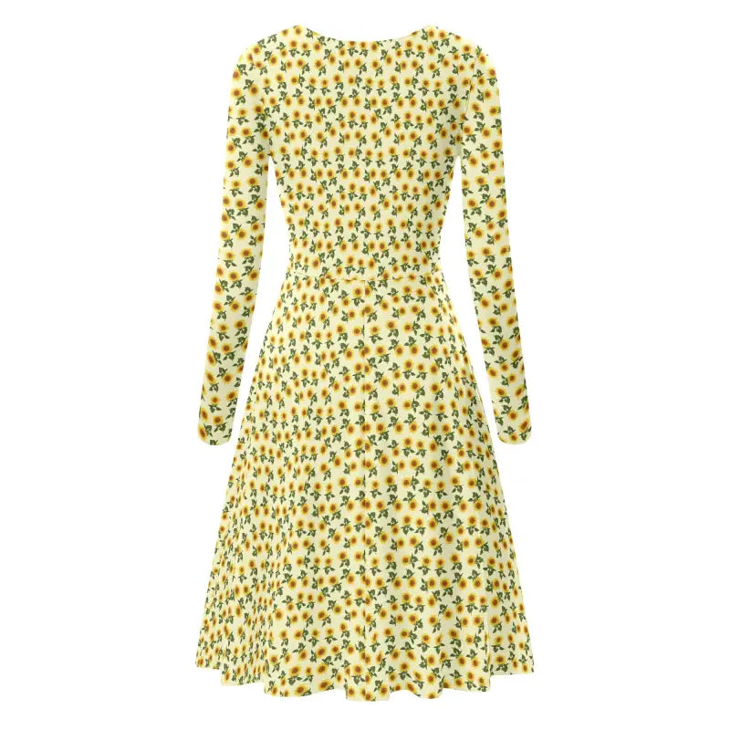 Womens Sunflower V-Neck Long Sleeve Dress in vibrant yellow with sunflower print
