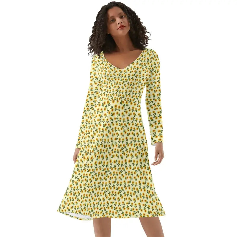 long sleeve sunflower dress Autumn Floral Print Sunflower Pattern Casual Long Sleeve Round Neck Floor Length Women Fashion Maxi Dress with Pockets at Amazon Women's Clothing store