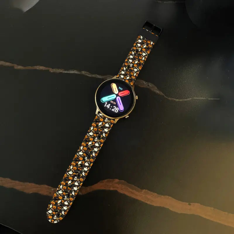 Wristwatch with sparkly gold band and colorful display for Halloween or 22mm universal fit