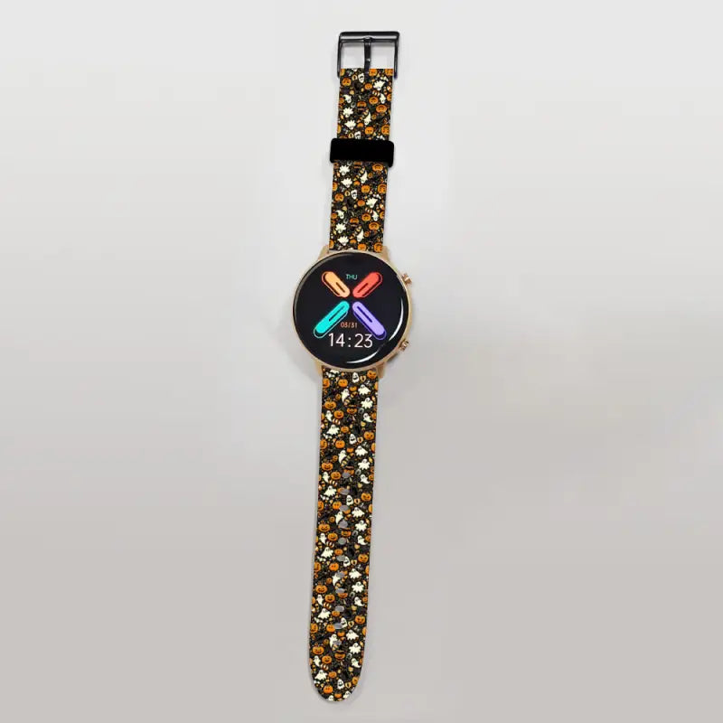 Smartwatch with colorful floral strap and crossed paddles, perfect for Halloween vibes