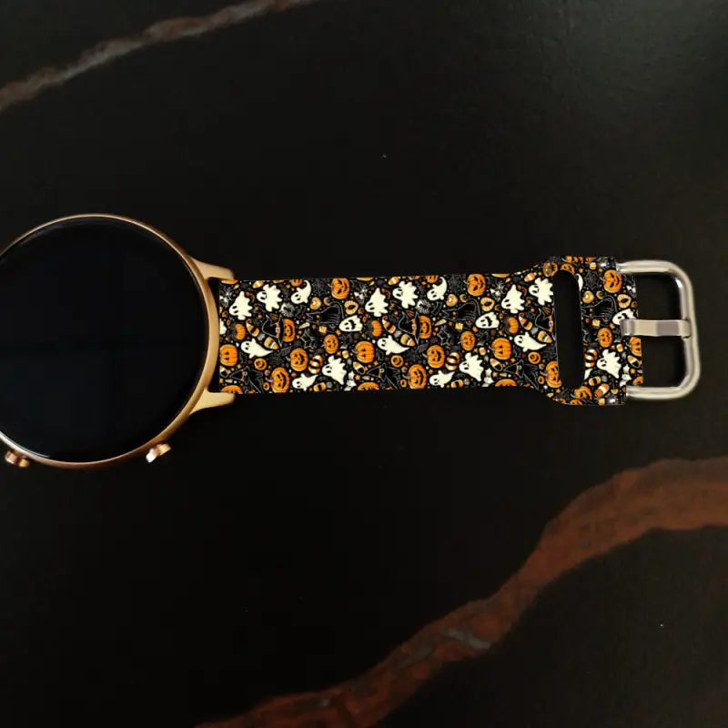 Floral patterned 22mm universal wristwatch with gold face for Halloween fun