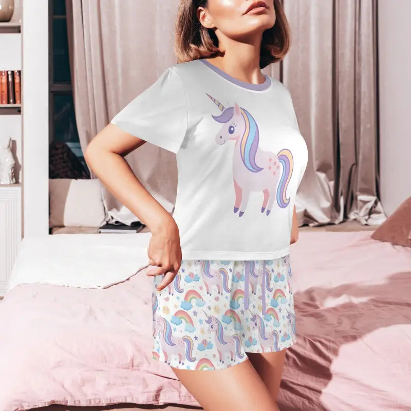 White t-shirt featuring a colorful unicorn graphic for vibrant Unicorn-Inspired Shorts.