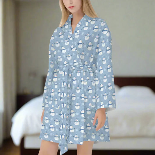 Light blue dress with floral pattern and long sleeves, perfect for your women’s snowman short.