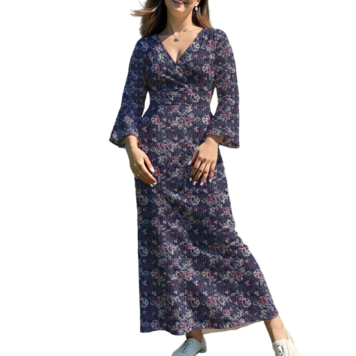 Navy blue floral wrap-style midi dress featuring a V-neckline and bell sleeves