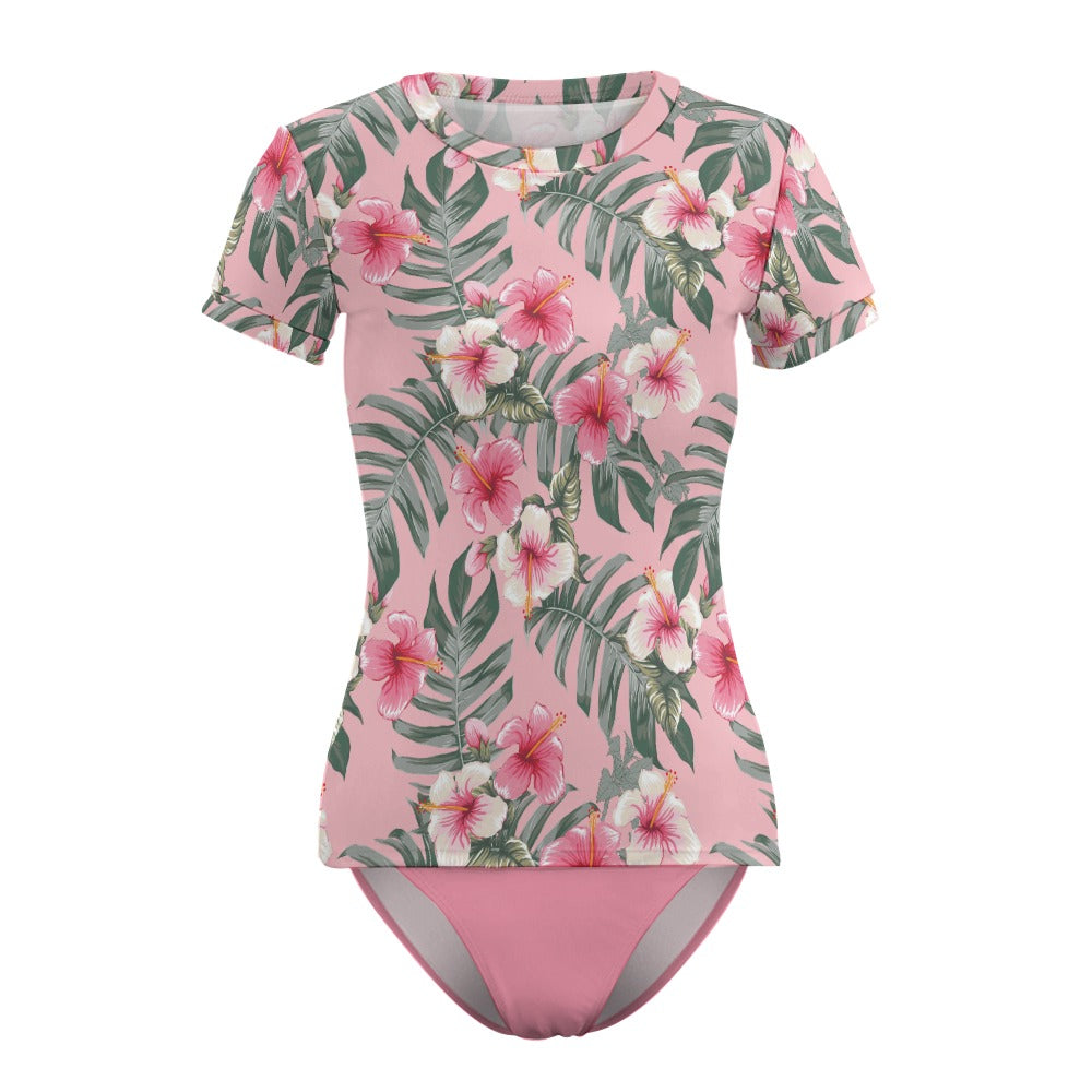 Tropical Floral Rash Guard Tankini Set – Short Sleeve Modest Swimwear