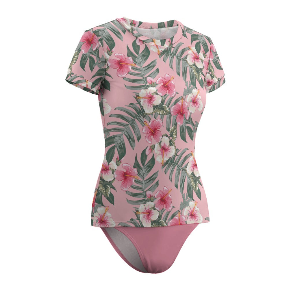 Tropical Floral Rash Guard Tankini Set – Short Sleeve Modest Swimwear