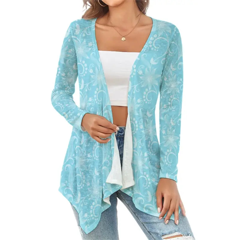 Aqua botanical open front cardigan front view styled with white cami and denim