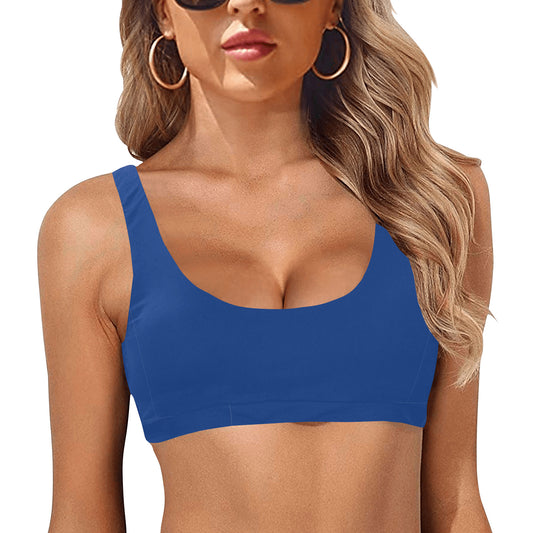 Azure blue bikini top with scoop neckline and supportive fit, front view