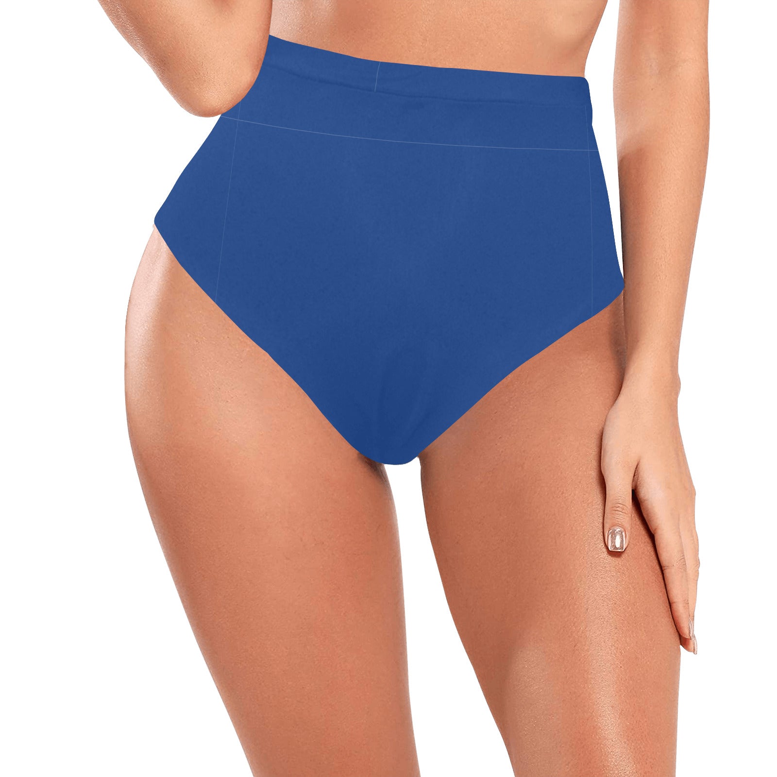 Azure blue high-waisted bikini bottom with smooth stretch fit, front view on model