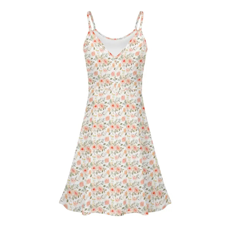 Back flat lay of floral mini sundress showing V-back and fitted waist seam
