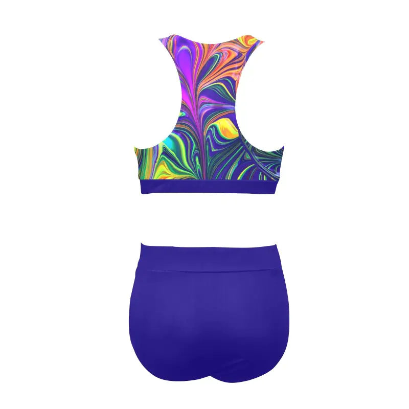 Back flat lay of racerback bikini top and high waisted swim bottom