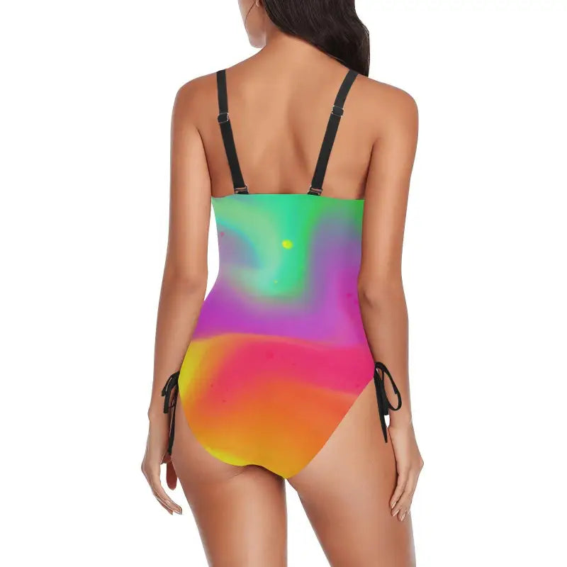 Back view adjustable strap rainbow swimsuit