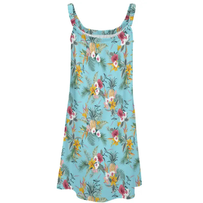 Back view blue floral sleeveless summer dress women