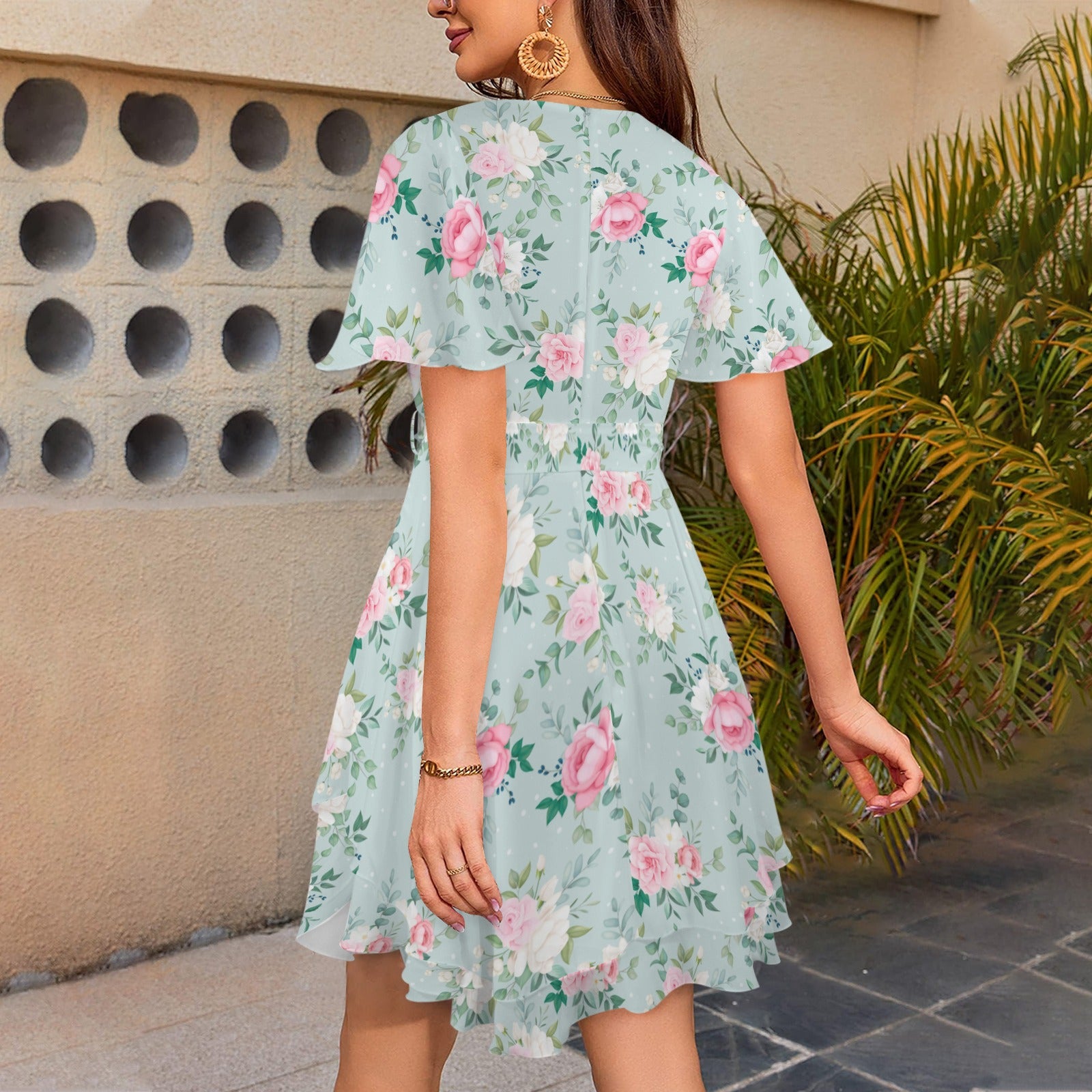 Back view mint rose floral flutter sleeve dress