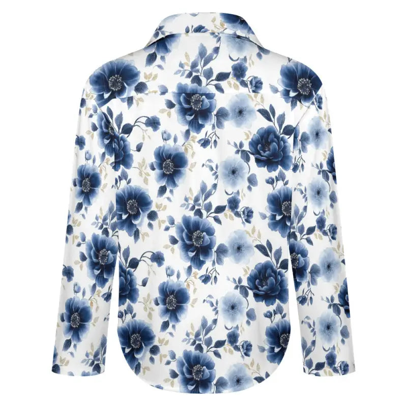 Back view of blue floral long sleeve button down women blouse