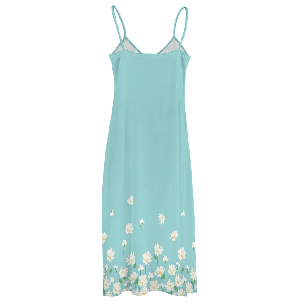Back view of blue maxi dress with thin straps and flowy shape
