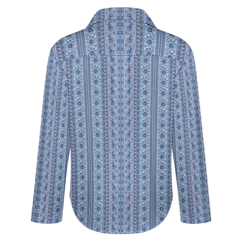 Back view of blue mosaic print structured blouse with curved hem
