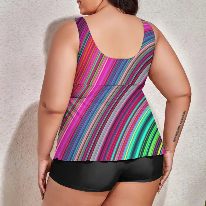 Back view of plus size tankini top with colorful stripe print