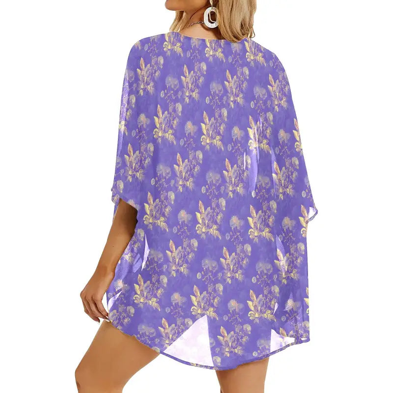Back view of purple floral lightweight chiffon kimono cardigan with batwing sleeves