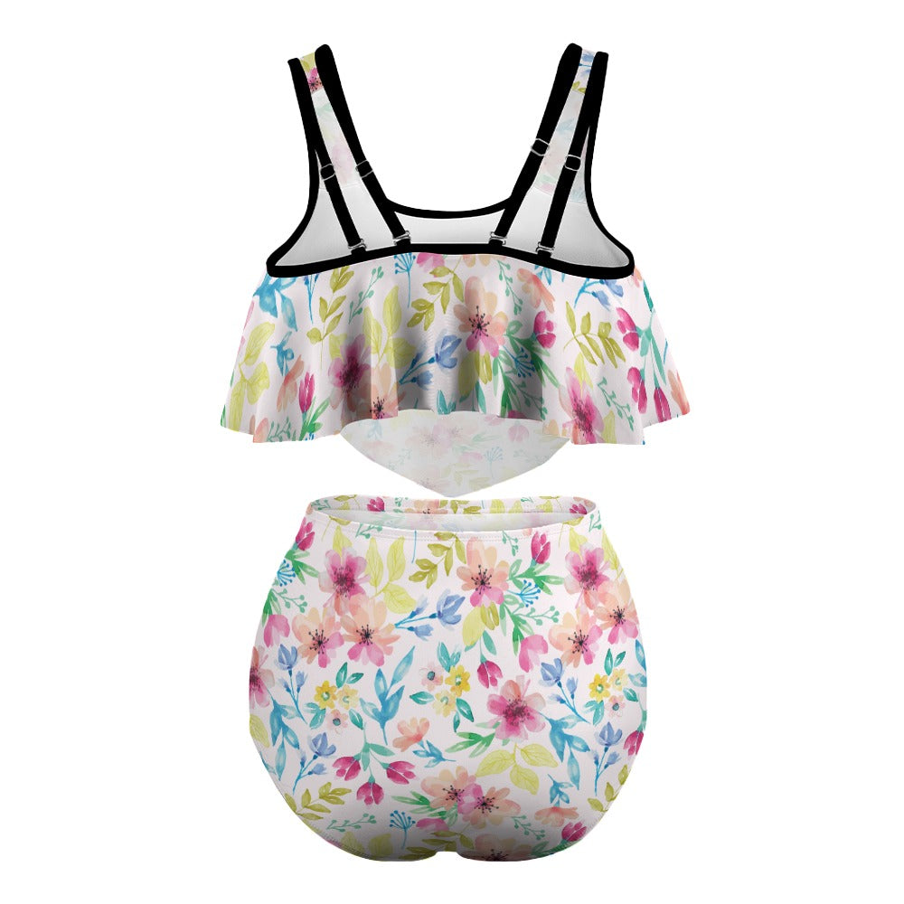 Back view of ruffle bikini top and high-waisted bottoms plus size