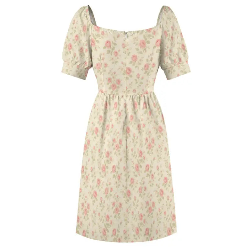 Back view of short sleeve floral midi dress