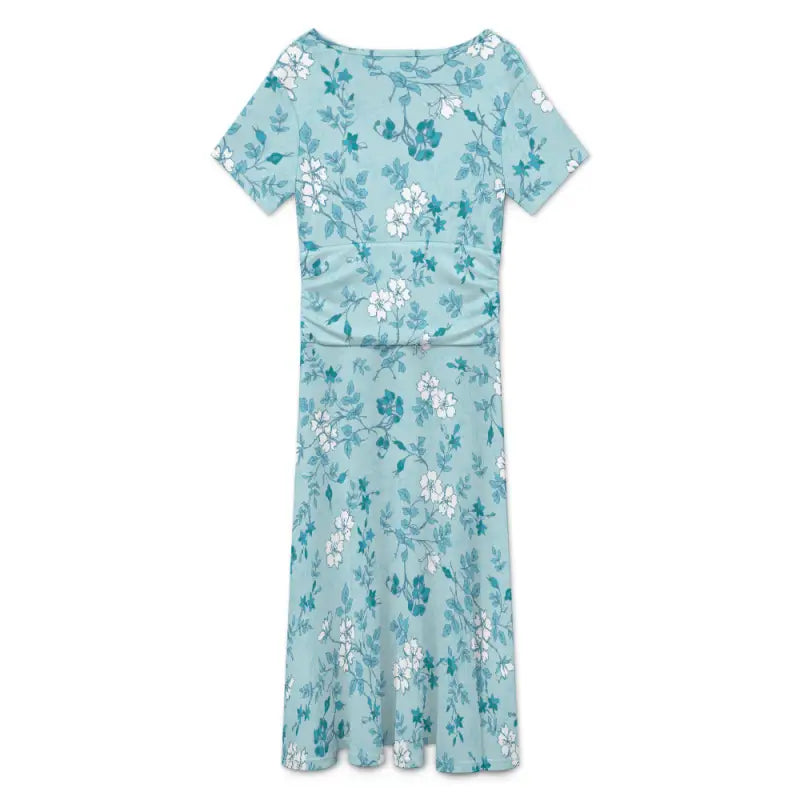 Back view of teal floral midi dress with fitted waist seam and midi length silhouette